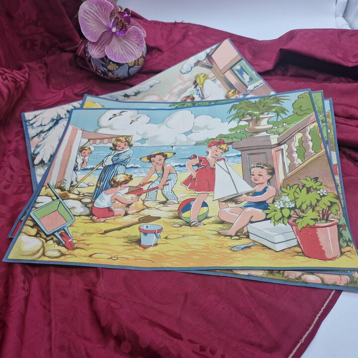 Estampes Enfantines Vintage, Affiches Lithographies, Archives Usine de Jouets, Illustrations de Saisons, Lot de 4, Années 40