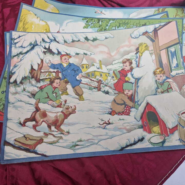 Vintage Kinderprenten, Lithografie Posters, Speelgoedfabriek Archief, Vier Seizoenen Illustraties, Set van 4, Jaren 40