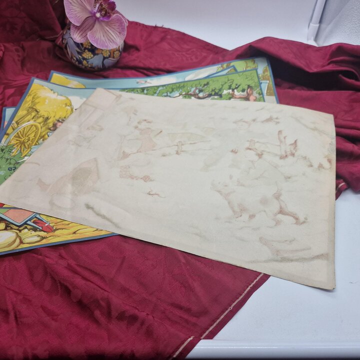 Vintage Kinderprenten, Lithografie Posters, Speelgoedfabriek Archief, Vier Seizoenen Illustraties, Set van 4, Jaren 40
