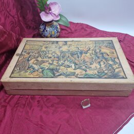 Antieke Puzzel met Afbeeldingen Hijos de Paluzie, Spaanse Onafhankelijkheidsoorlog door F Xumetra, 28 Lithografische Kubussen, c