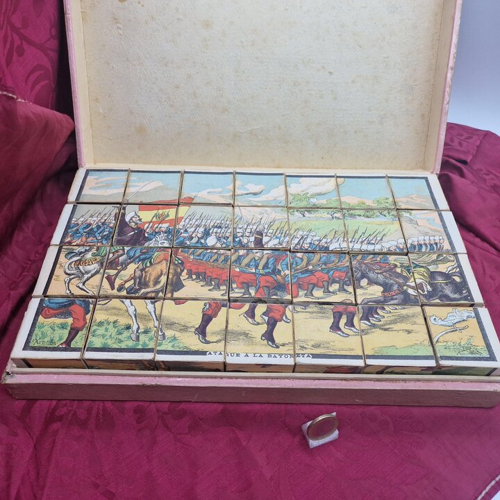 Gioco di Cubi Rompicapo Hijos de Paluzie, Battaglie della Guerra de Indipendenza Spagnola di F Xumetra, 28 Cubi, circa 1905