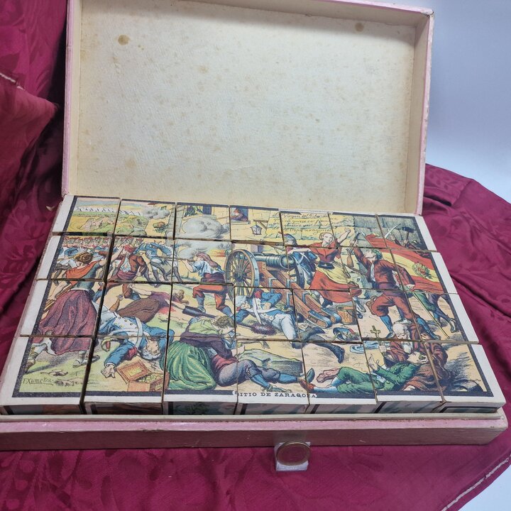 Gioco di Cubi Rompicapo Hijos de Paluzie, Battaglie della Guerra de Indipendenza Spagnola di F Xumetra, 28 Cubi, circa 1905