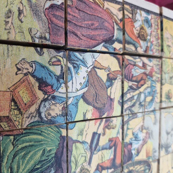 Antieke Puzzel met Afbeeldingen Hijos de Paluzie, Spaanse Onafhankelijkheidsoorlog door F Xumetra, 28 Lithografische Kubussen, c
