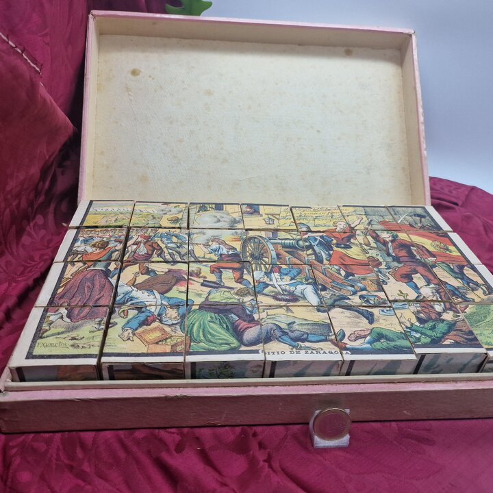 Gioco di Cubi Rompicapo Hijos de Paluzie, Battaglie della Guerra de Indipendenza Spagnola di F Xumetra, 28 Cubi, circa 1905