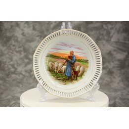 Reticulated porcelain plate set Schumann Arzberg, German dinnerware with pastoral scenes, 7 piece set, mid 20th century