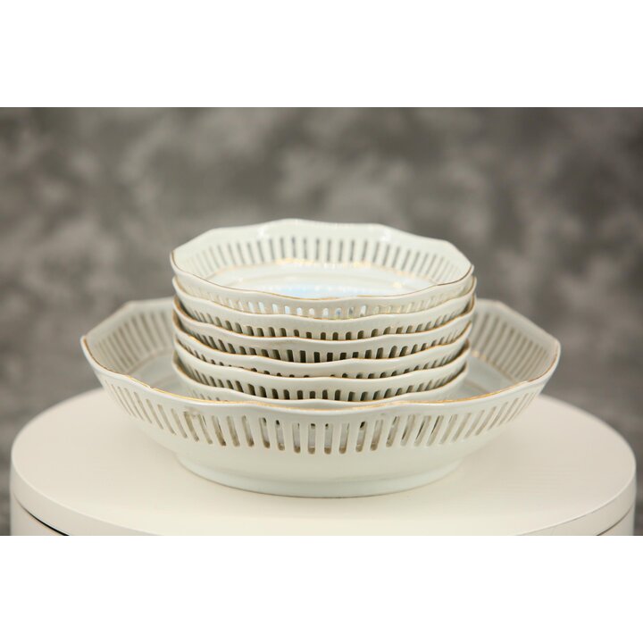 Reticulated porcelain plate set Schumann Arzberg, German dinnerware with pastoral scenes, 7 piece set, mid 20th century