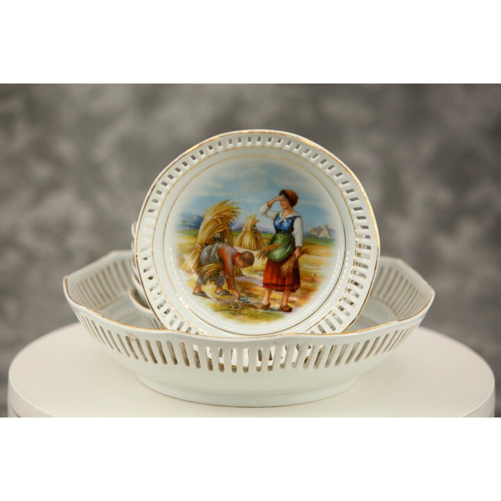 Set di piatti traforati in porcellana Schumann Arzberg, stoviglie tedesche con scene pastorali, servizio da 7 pezzi, meta del se