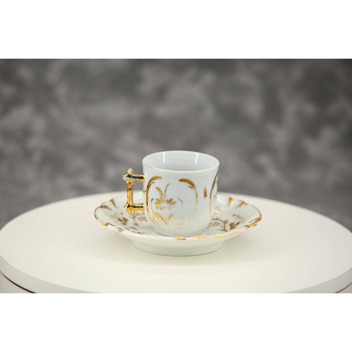 Chávena de Café e Pires de Porcelana Antiga, Porcelana de Osso Inglesa Vitoriana sem Marca, Padrão de Videira Dourada, Asa de Ra