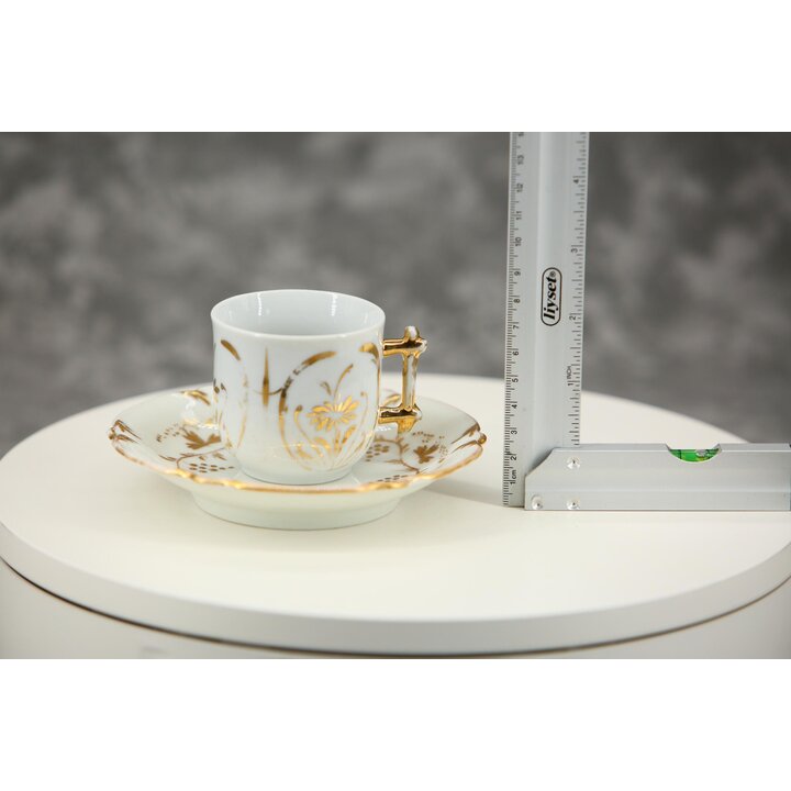 Chávena de Café e Pires de Porcelana Antiga, Porcelana de Osso Inglesa Vitoriana sem Marca, Padrão de Videira Dourada, Asa de Ra