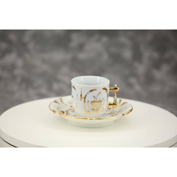 Chávena de Café e Pires de Porcelana Antiga, Porcelana de Osso Inglesa Vitoriana sem Marca, Padrão de Videira Dourada, Asa de Ra