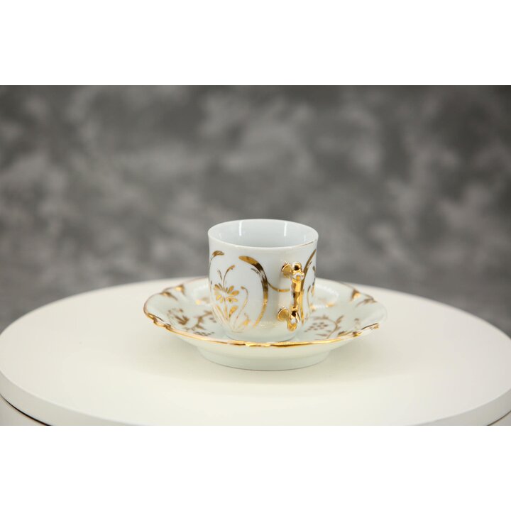 Antique Porcelain Coffee Cup and Saucer Set, Unmarked Victorian English Bone China, Gilded Grapevine Pattern, Ornate Branch Hand