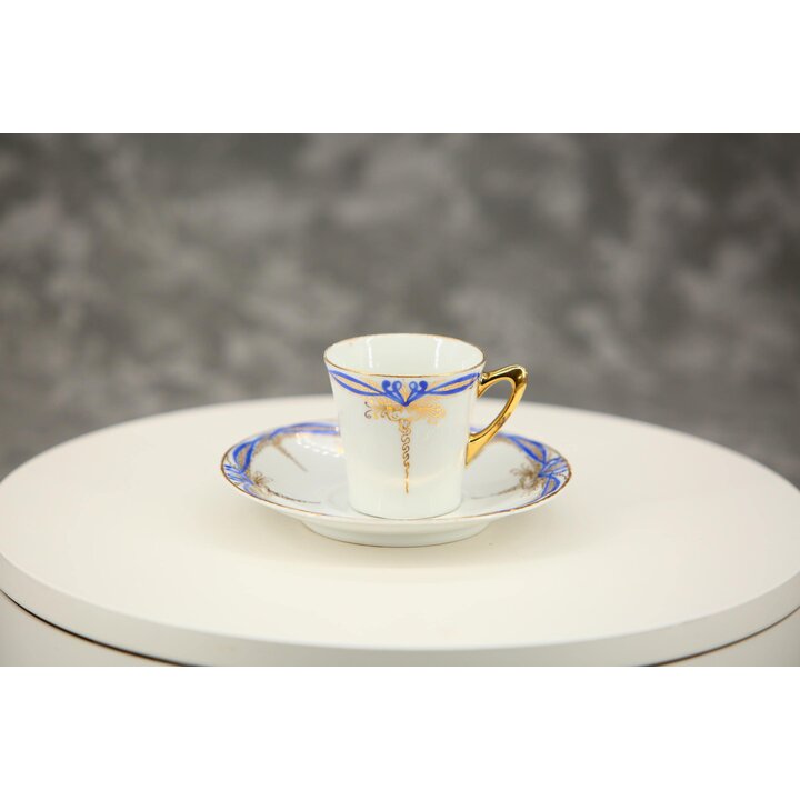 Kop en Schotels Weimar Porzellan, Set van 4 Antieke Duitse Koffiekopjes Porselein, Kobaltblauw en Goud Thuringen Duitsland 1905-