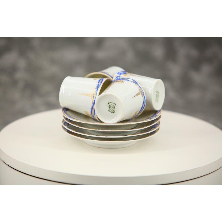 Tazzine da Caffè Weimar Porzellan, Set di 4 Tazze con Piattino in Porcellana Tedesca, Blu Cobalto e Doratura Turingia 1905-1924