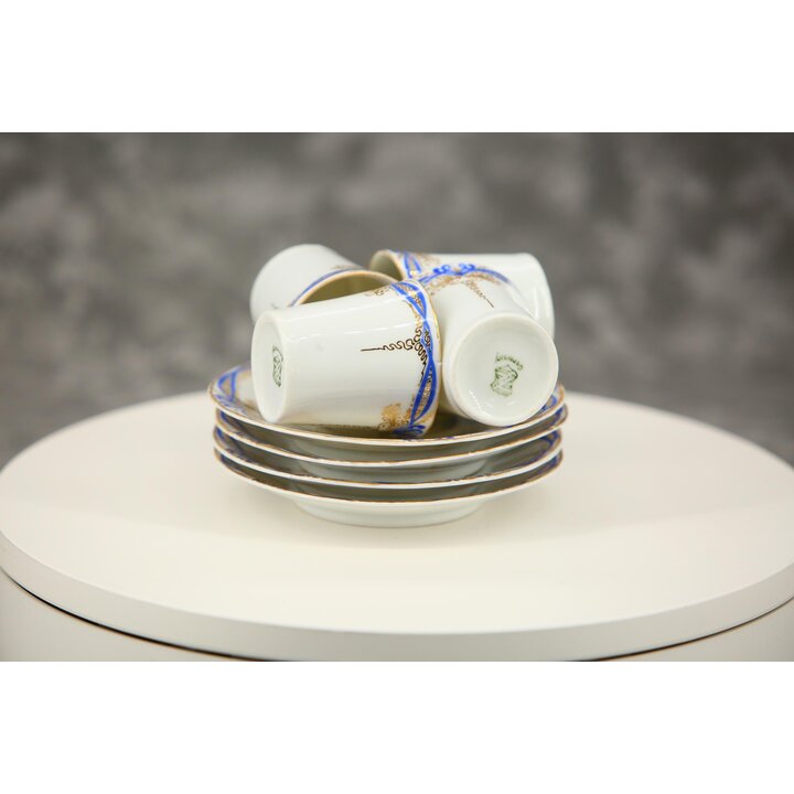 Tazzine da Caffè Weimar Porzellan, Set di 4 Tazze con Piattino in Porcellana Tedesca, Blu Cobalto e Doratura Turingia 1905-1924