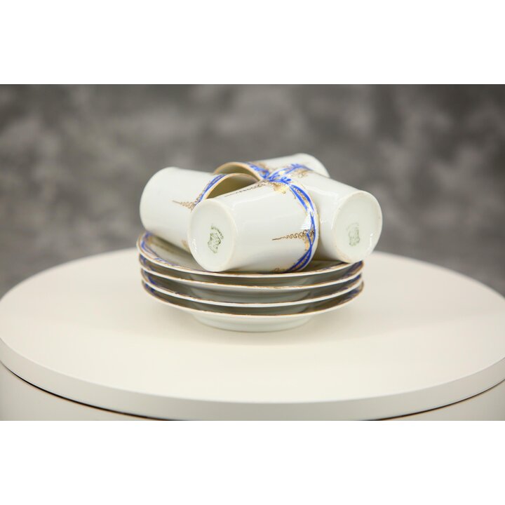 Tazzine da Caffè Weimar Porzellan, Set di 4 Tazze con Piattino in Porcellana Tedesca, Blu Cobalto e Doratura Turingia 1905-1924