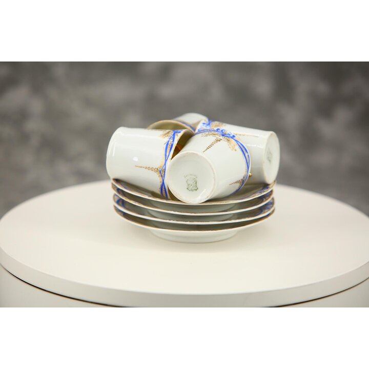 Tazzine da Caffè Weimar Porzellan, Set di 4 Tazze con Piattino in Porcellana Tedesca, Blu Cobalto e Doratura Turingia 1905-1924