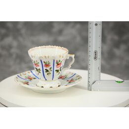 Set van 3 Porseleinen Theekoppen en Schotels Vieux Paris Stijl Handgeschilderd Roze Bloemen Blauwe Strepen Verguld Antiek 1820