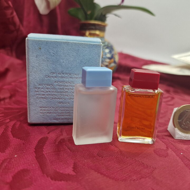 Lote de 2 miniaturas de perfume Dolce & Gabbana Light Blue EDT 4.5 ml y Pour Femme Red Cap EDT 4.9 ml con caja de coleccion, vin