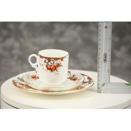 Antiek Victoriaans Aardewerk Trio, Theekop Schotel Bord, Engels Staffordshire Bloemen Lint Patroon 5239, Circa 1880