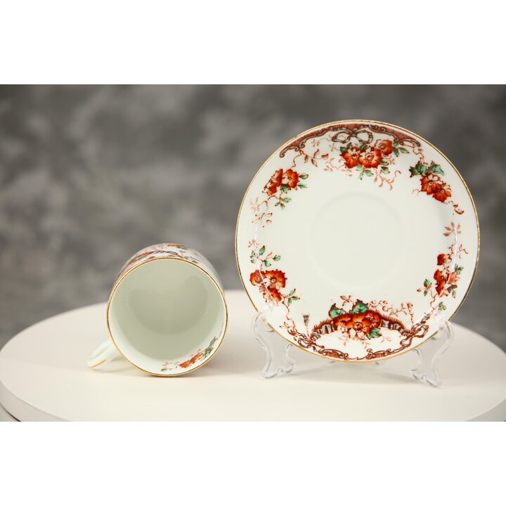 Trio in terraglia vittoriano antico, tazza da tè piattino piatto, Staffordshire inglese motivo nastro floreale 5239, circa 1880