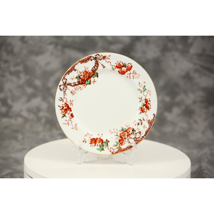 Trio in terraglia vittoriano antico, tazza da tè piattino piatto, Staffordshire inglese motivo nastro floreale 5239, circa 1880