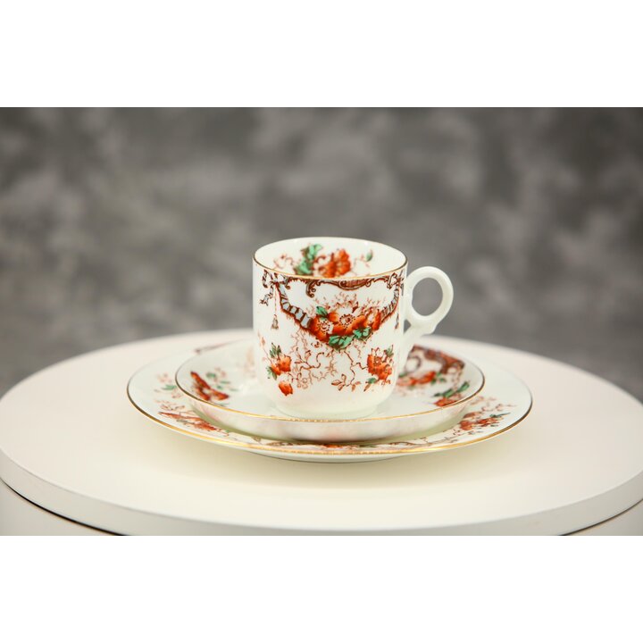 Antikes viktorianisches Steingut Trio, Teetasse Untertasse Teller, Englisches Staffordshire Blumen Schleifen Muster 5239, ca 188