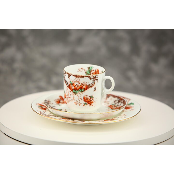 Trio in terraglia vittoriano antico, tazza da tè piattino piatto, Staffordshire inglese motivo nastro floreale 5239, circa 1880