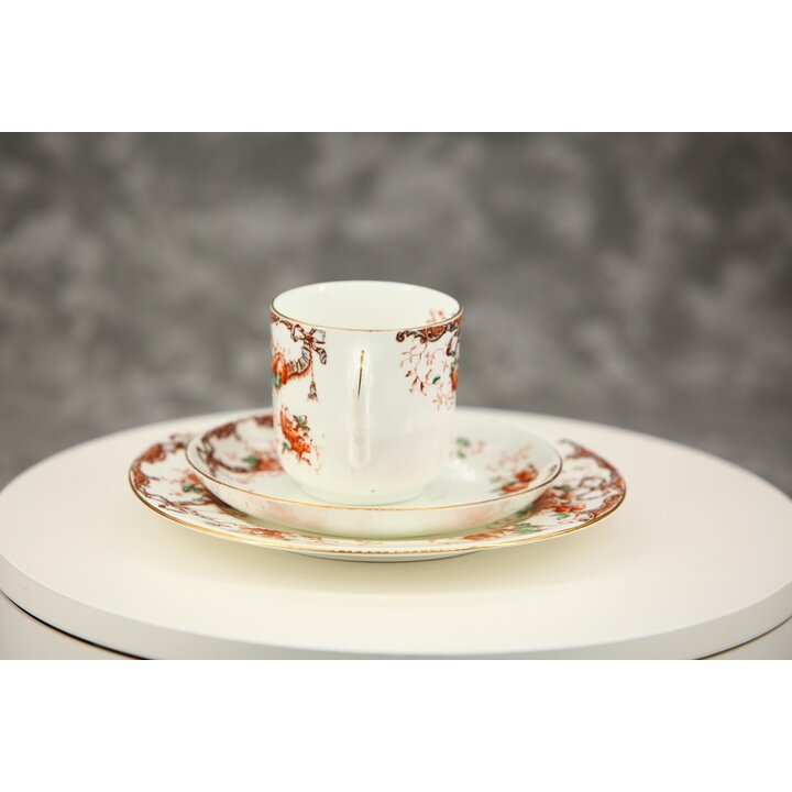 Antique Victorian Earthenware Trio, Tea Cup Saucer Plate, English Staffordshire Floral Ribbon Pattern 5239, Circa 1880