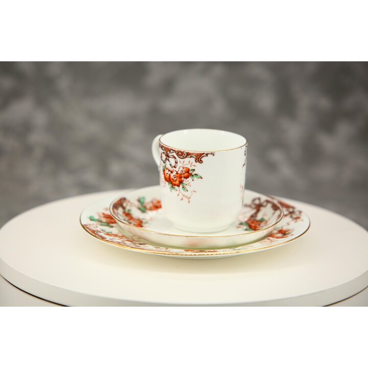 Antikes viktorianisches Steingut Trio, Teetasse Untertasse Teller, Englisches Staffordshire Blumen Schleifen Muster 5239, ca 188