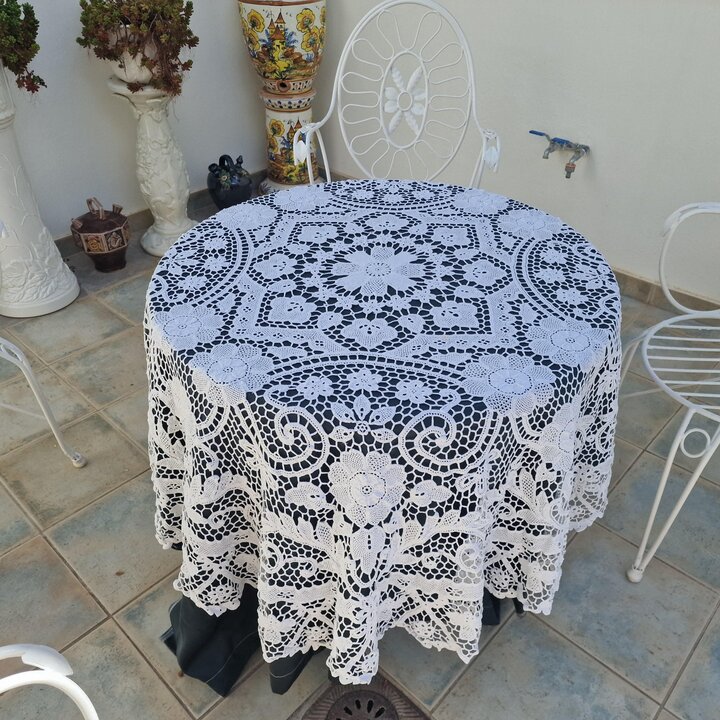 Tovaglia Rotonda Uncinetto Vintage Bianca, Copritavolo Cotone Fatto a Mano 170cm, Centrotavola Pizzo Veneziano Mid-Century, Anni