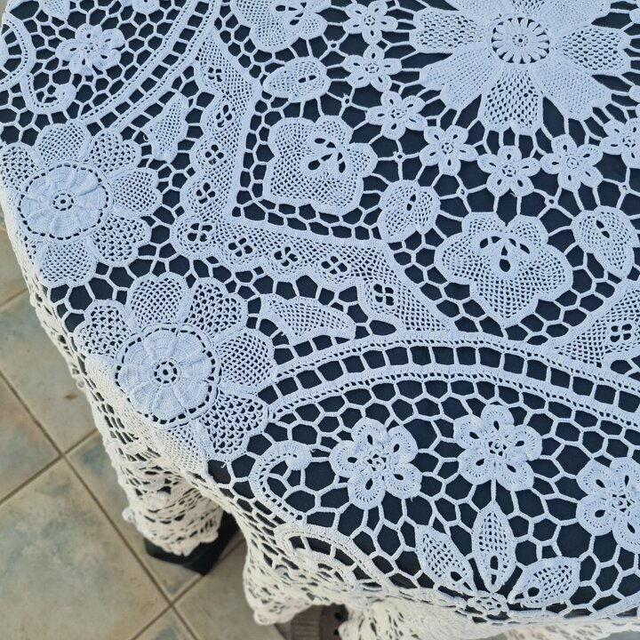 Tovaglia Rotonda Uncinetto Vintage Bianca, Copritavolo Cotone Fatto a Mano 170cm, Centrotavola Pizzo Veneziano Mid-Century, Anni