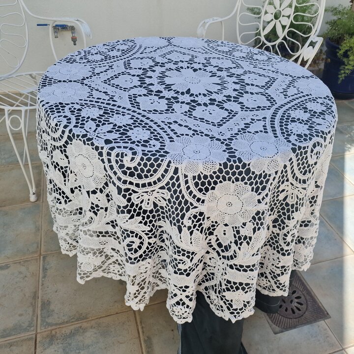 Vintage Rond Gehaakt Tafelkleed Wit, Handgemaakt Katoen Kant Tafelkleed 170cm, Mid-Century Venetiaanse Stijl Tafelkleed, Jaren 5