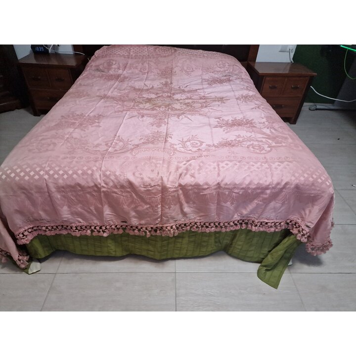 Colcha Antigua de Seda Italiana Damasco Rosa, Retal de Seda del Siglo XIX para Restauración, Tela Antigua de Costura 200x260cm