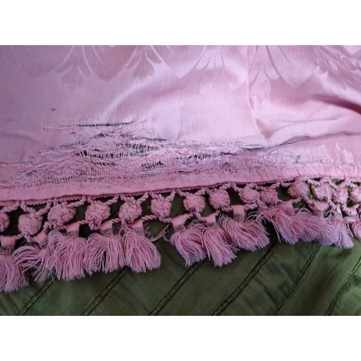 Colcha Antigua de Seda Italiana Damasco Rosa, Retal de Seda del Siglo XIX para Restauración, Tela Antigua de Costura 200x260cm