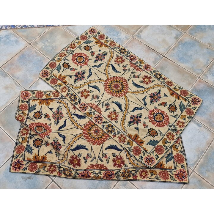 Par de Alfombras Indias de Lana, Tapices Bordados Punto de Cadena 65x110, Alfombra Boho Floral Vintage, Tapicería Cachemira de A