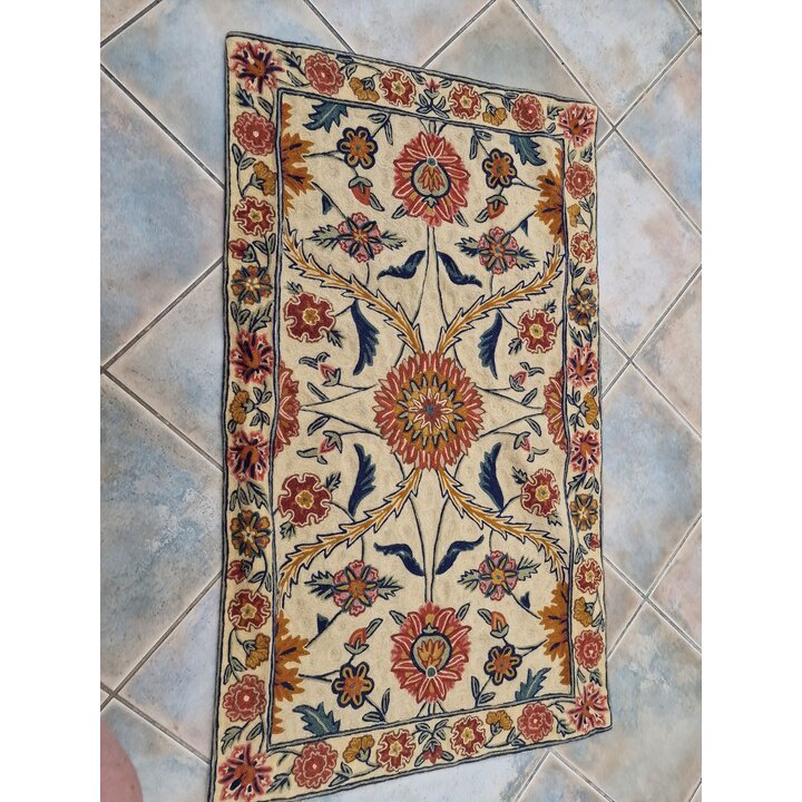 Par de Alfombras Indias de Lana, Tapices Bordados Punto de Cadena 65x110, Alfombra Boho Floral Vintage, Tapicería Cachemira de A