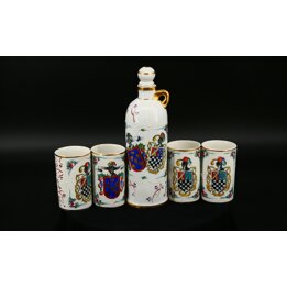 Servizio da liquore in porcellana Alako, bottiglia e 4 bicchieri dipinti a mano, decoro araldico fiori oro, set 5 pezzi, vintage