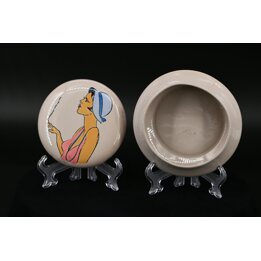 Ceramic Jewelry Box Trinket Dish, MBFA Pornic Faience, Hand Painted French Woman Illustration, Lid 14cm Vintage 1960s