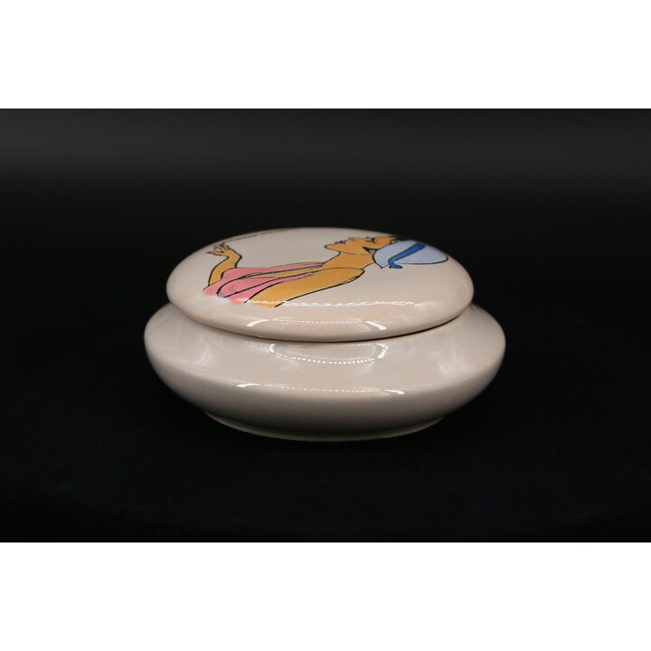 Portagioie Ceramica Scatola, MBFA Pornic Maiolica, Illustrazione Donna Dipinto a Mano, Coperchio 14cm Vintage Anni 60 Mid Centur