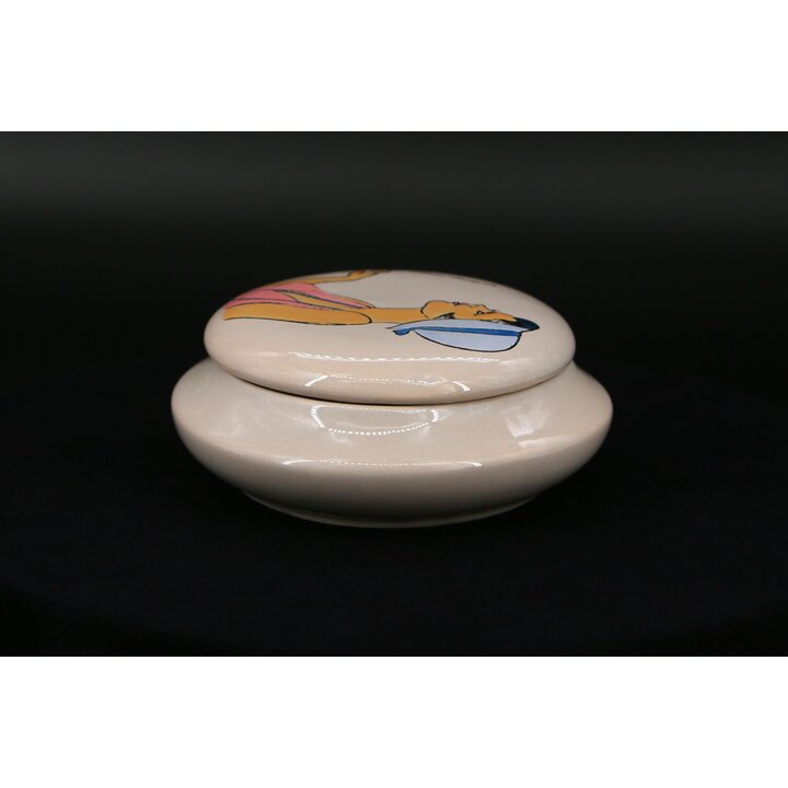 Portagioie Ceramica Scatola, MBFA Pornic Maiolica, Illustrazione Donna Dipinto a Mano, Coperchio 14cm Vintage Anni 60 Mid Centur