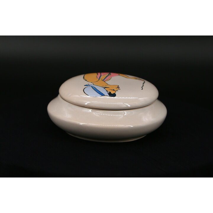 Portagioie Ceramica Scatola, MBFA Pornic Maiolica, Illustrazione Donna Dipinto a Mano, Coperchio 14cm Vintage Anni 60 Mid Centur