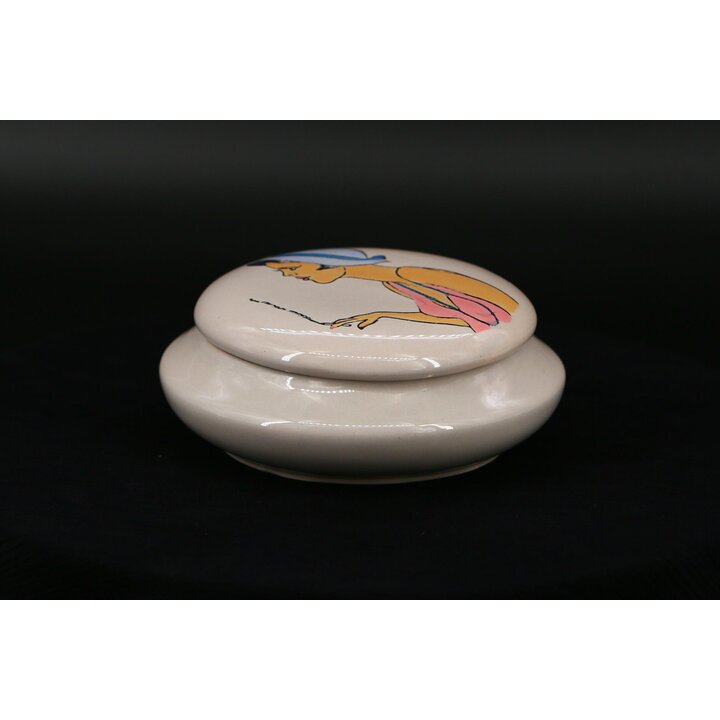 Portagioie Ceramica Scatola, MBFA Pornic Maiolica, Illustrazione Donna Dipinto a Mano, Coperchio 14cm Vintage Anni 60 Mid Centur