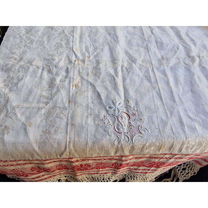 アンティーク リネン タオル 190x64cm 手織り 花嫁道具 婚礼用 ヴィンテージ テキスタイル 赤と白のジャカード織 マクラメ タッセル付き