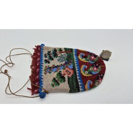 Borsa di perline antica, borsa vittoriana in microperle circa 1880, borsa bordeaux con scena di paesaggio e iniziale S, 16x12 cm