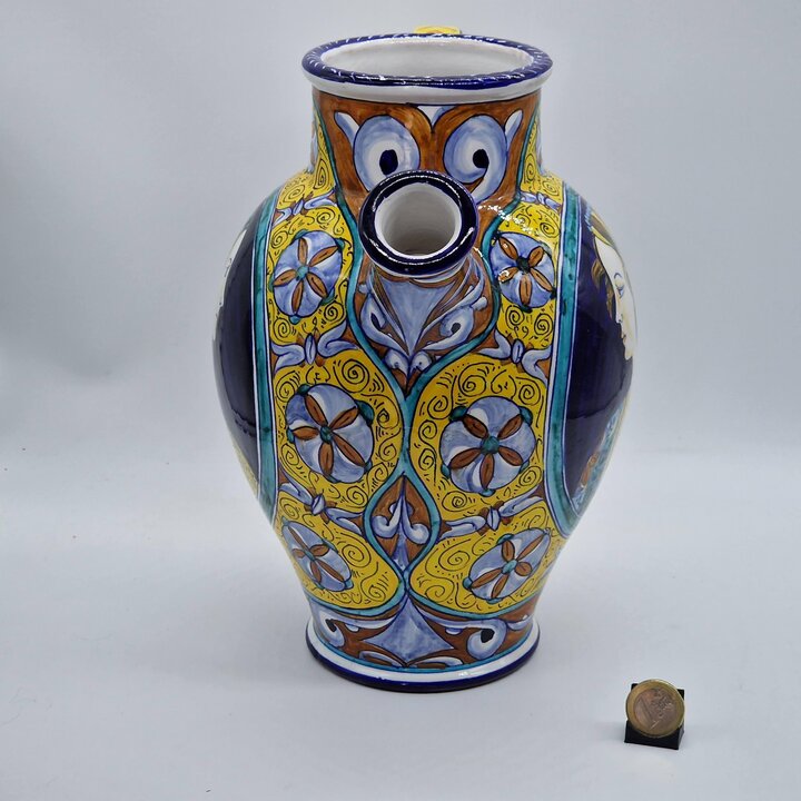 ファエンツァ ボッテガガッティ マヨリカ焼き 陶器ピッチャー, 手描き イタリア ルネサンス肖像画, ヴィンテージ 装飾用花瓶 1950年代