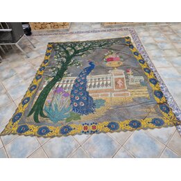Vintage Art Deco Pfau Vorhang, Handgestickter Baumwollnetz Wandteppich, Großer Jugendstil Wandbehang 1920, Filetspitze Paneel 26