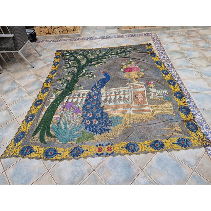 Rideau Art Déco Vintage Paon, Tapisserie Maille Coton Brodée Main, Suspension Murale Art Nouveau 1920, Panneau Dentelle Filet 26