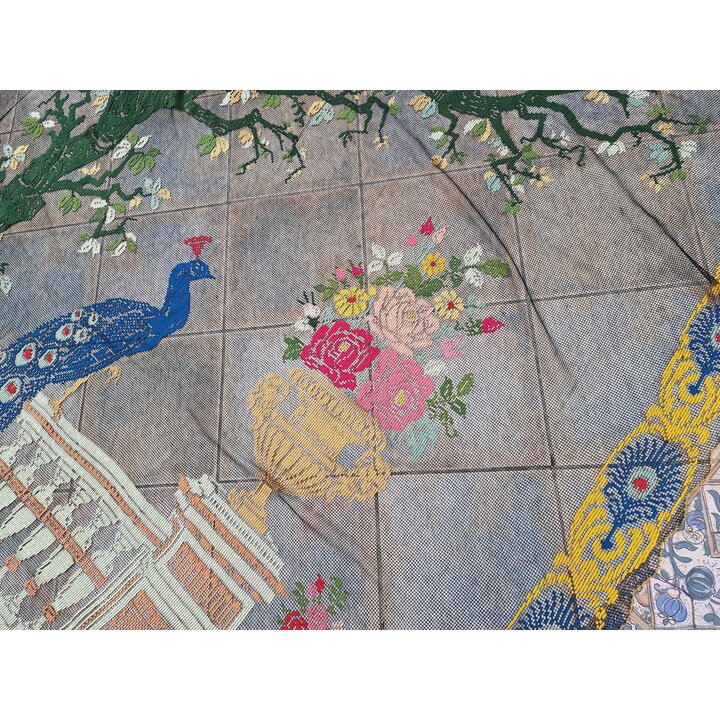 Rideau Art Déco Vintage Paon, Tapisserie Maille Coton Brodée Main, Suspension Murale Art Nouveau 1920, Panneau Dentelle Filet 26