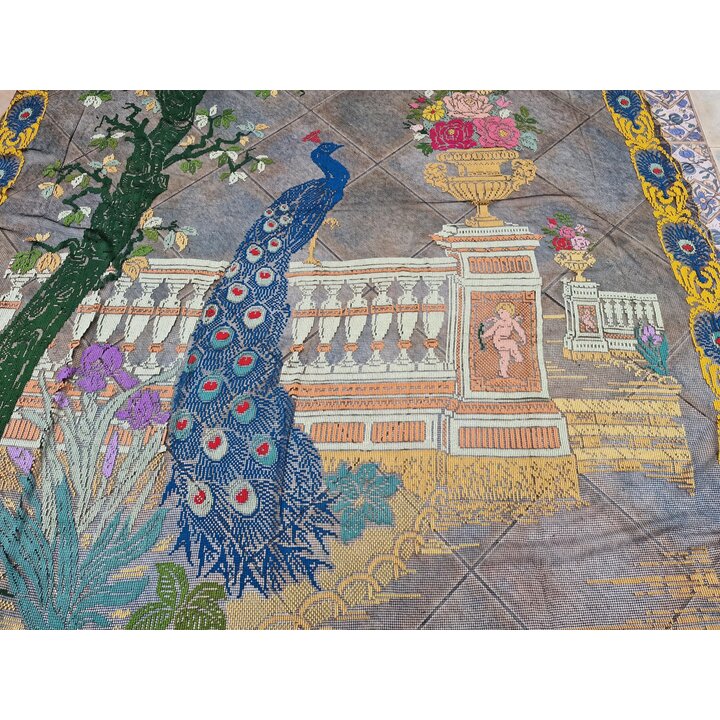Rideau Art Déco Vintage Paon, Tapisserie Maille Coton Brodée Main, Suspension Murale Art Nouveau 1920, Panneau Dentelle Filet 26