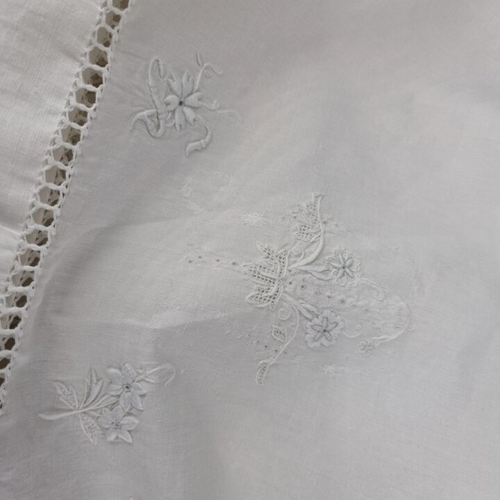 Antique Hand Embroidered Linen Set Richelieu Lace Monogram HM 2 pcs